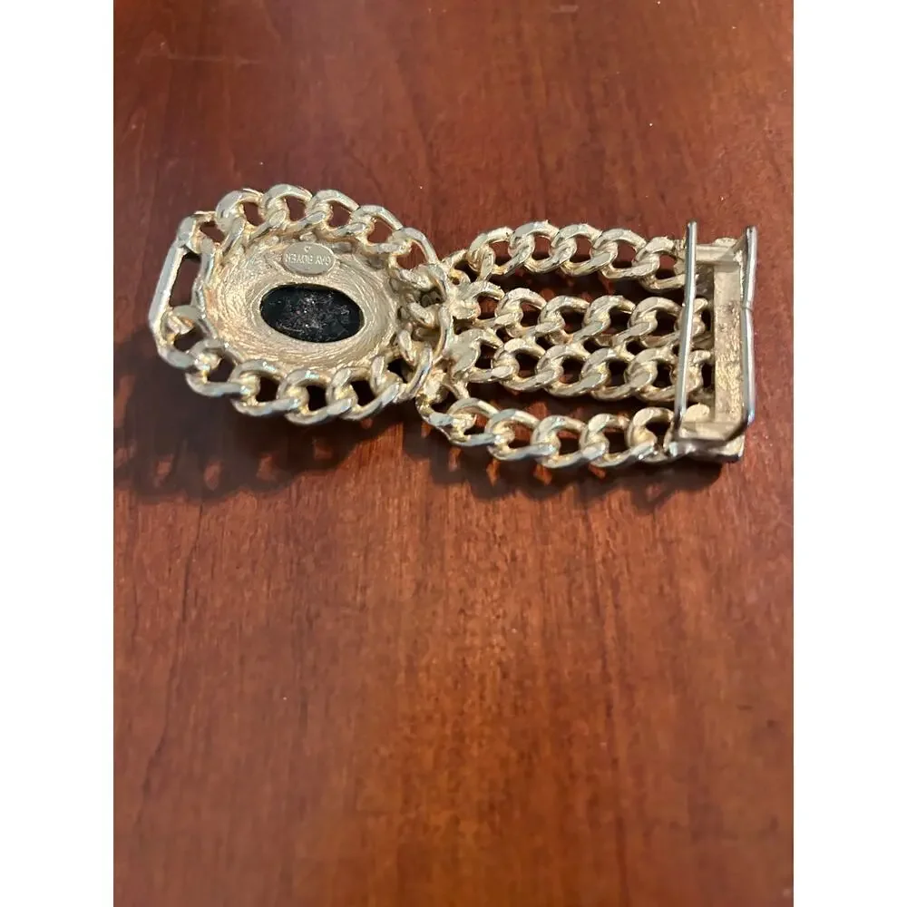 Vintage Gold Tone Multi Strand Chain Belt Buckle Black Cabochon Statement